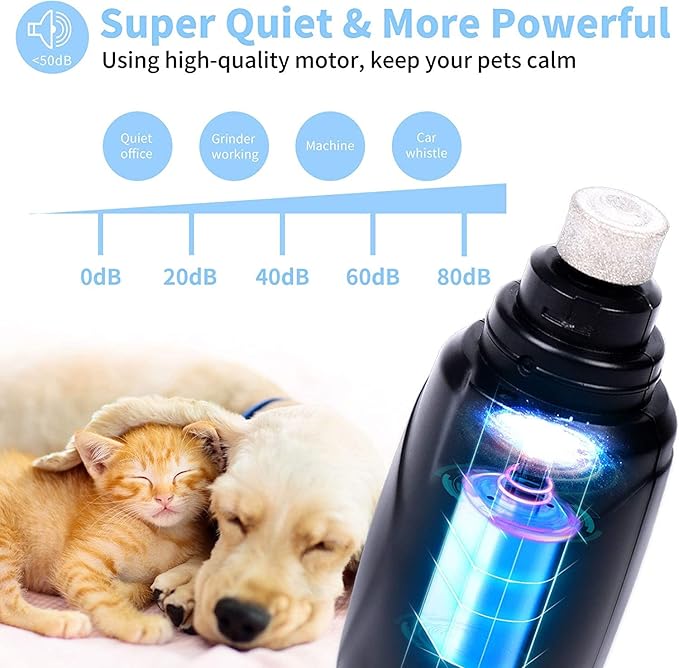 Pet Nail Grinder with LED Light &amp; 2 Grinding Heads, 2-Speed Low Noise &amp; More Powerful Dog Nail Grinder, Pet Nail Trimmer File, Painless Paw Claw Care, Quiet Toenail Grooming Tool for L/M/S Dogs/Cats