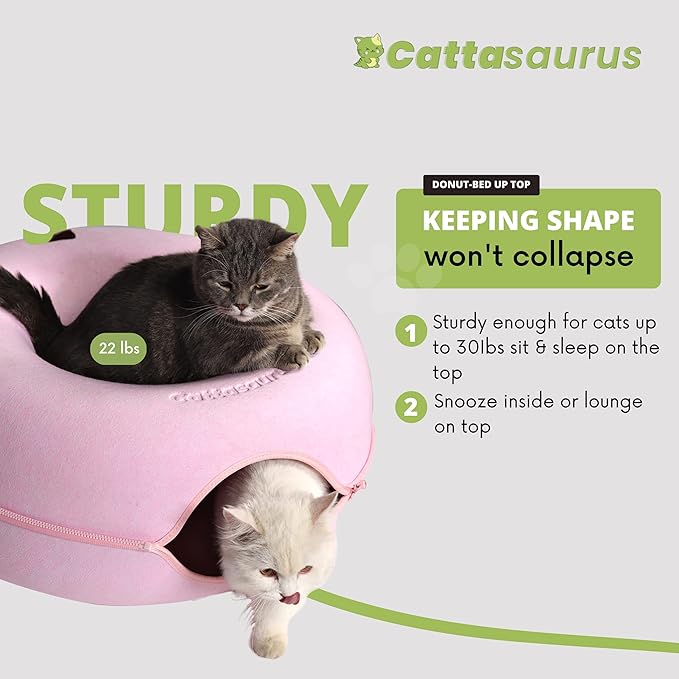 Cattasaurus Peekaboo Cat Cave for Multiple &amp; Large Cats Up to 30-45 Lbs, Scratch Detachable &amp; Washable Tunnel Bed, Comfy Donut Cat Cave (Pink, Large)
