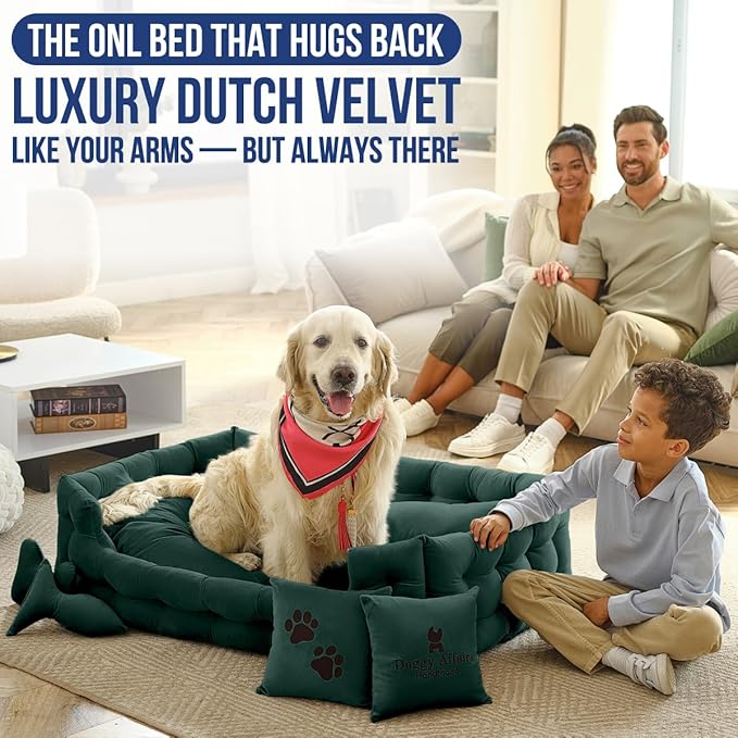 Luxury Dog Bed Chesterfield – Handcrafted Velvet Throne for Dogs | Joint Support, Calming &amp; Temp-Regulating Comfort | Durable 5+ Years, Anti-Claw, Washable 100+ Times – XL, Green