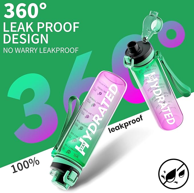 Water Bottle, 32 oz Motivational Water Bottles with Time Marker-Tritan &amp; BPA Free, Sports Water Bottle with Time to Drink &amp; Strap, Wide Mouth, Leakproof -Gift for Christmas Gym Fitness &amp; Outdoor