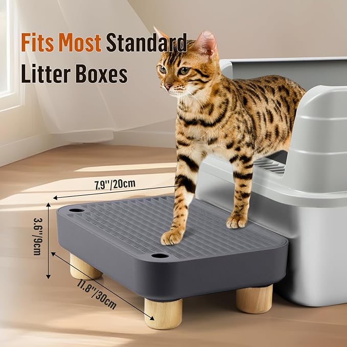 Cat Litter Box Step Ramp, Cat Litter Catcher Mat with Wooden Feet, Filter Function, Cat Pedal Stool for Self-Cleaning Cat Litter Box, Ideal for Kitten &amp; Elderly Cats (Dark Grey)