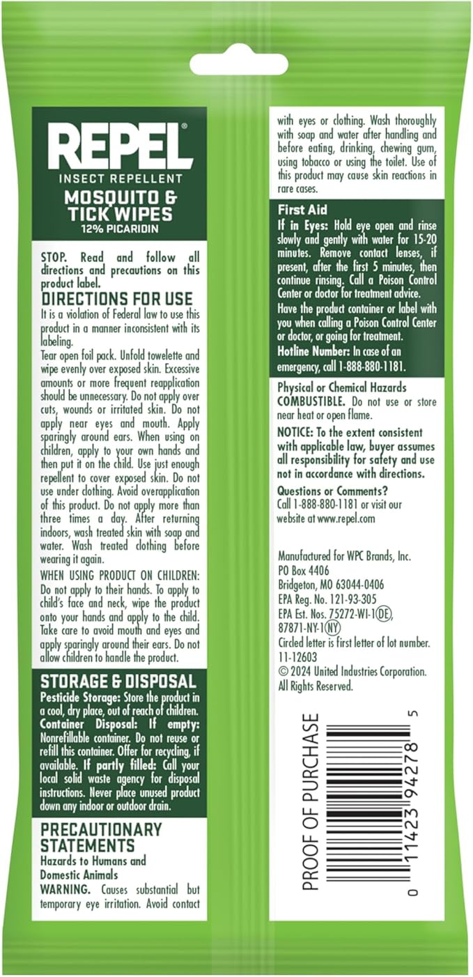 Repel Insect Repellent Mosquito &amp; Tick Wipes 12% Picaridin, Repels Mosquitoes and Ticks for Up to 10 Hours in A Convenient Travel Wipe for Whole-Family Mosquito and Tick Protection,15 Count, 3 Ounces