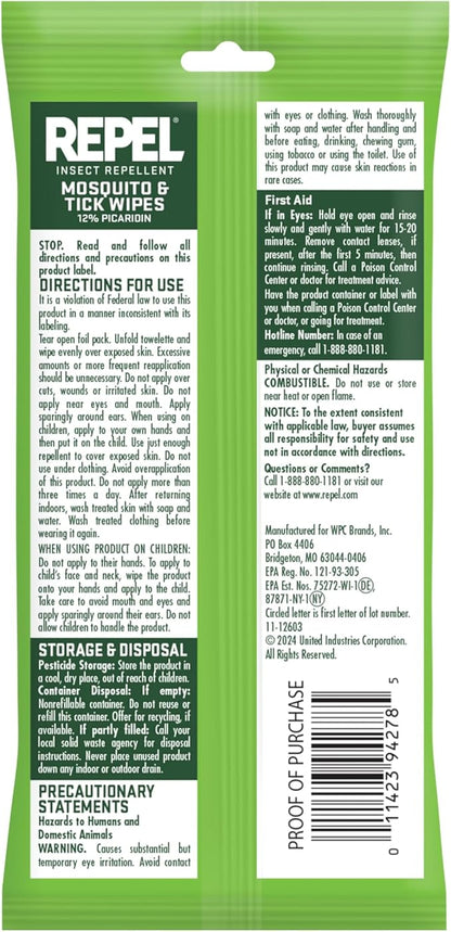 Repel Insect Repellent Mosquito &amp; Tick Wipes 12% Picaridin, Repels Mosquitoes and Ticks for Up to 10 Hours in A Convenient Travel Wipe for Whole-Family Mosquito and Tick Protection,15 Count, 3 Ounces