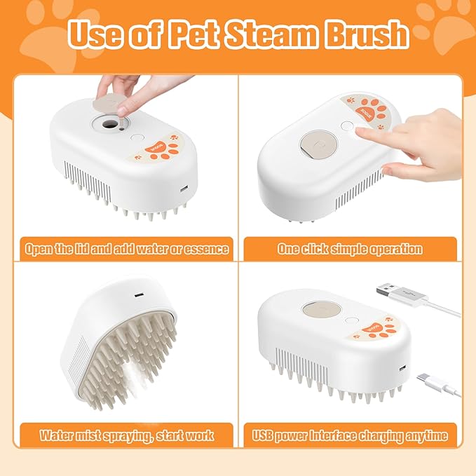 Cat Steam Brush,Rechargeable Pet Steam Brush for Cats Dogs,Silicone Dog Brushes for Short&amp;Long Haired Dogs,3 In 1 Pet Hair Remover Tool for Massage Grooming,Cleaning,Shedding White