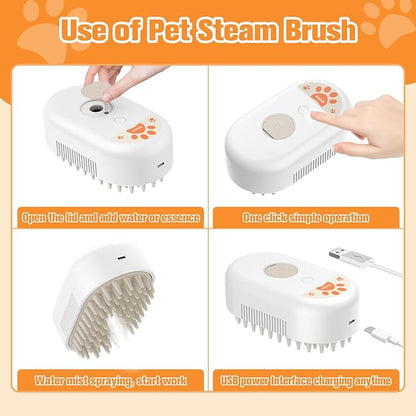 Cat Steam Brush,Rechargeable Pet Steam Brush for Cats Dogs,Silicone Dog Brushes for Short&amp;Long Haired Dogs,3 In 1 Pet Hair Remover Tool for Massage Grooming,Cleaning,Shedding White