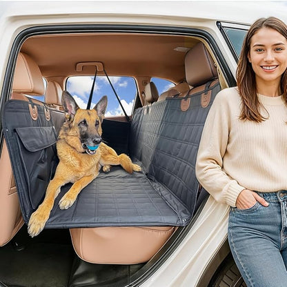 APetsPlanet Dog Car Seat Cover for Back Seat Hard Bottom - Waterproof Backseat Extender for Dogs - Pet Hammock for Car, Truck, SUV - Protector Bed with Mesh Window &amp; Storage - Black, with Door Covers