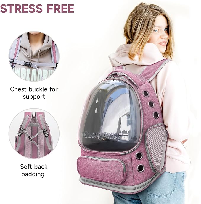 Cat Backpack Carrier, Breathable Cat Carrier Large Space Bubble Pet Backpack for Kitty Small Dog up to 15lbs, Transparent &amp; Foldable Pet Carrier for Travel Hiking（Pink）