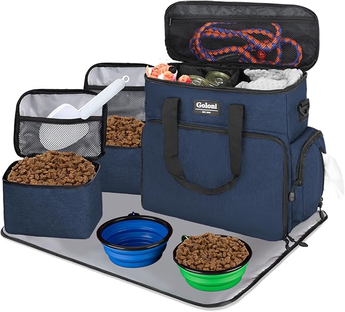 Dog Travel Bag Airline Approved–Pet Travel Tote with Collapsible Bowls,Food Containers &amp; Feeding Mat–Multi-Pocket Organizer for Dogs &amp; Cats, Durable &amp; Water-Resistant for Hiking,Trips,Outdoors