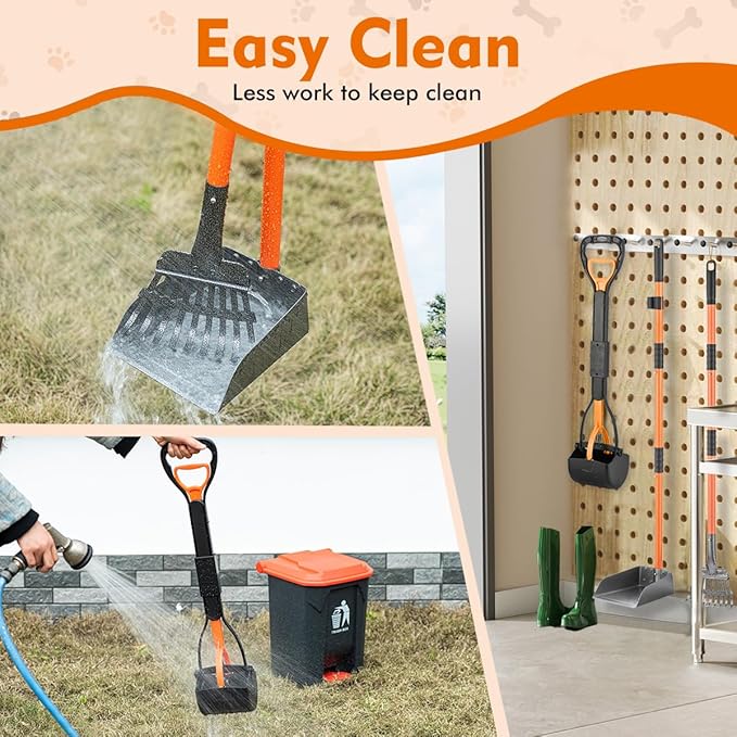 28" Pooper Scooper and 38" Heavy Duty Stainless Steel Rake &amp; Tray Set, 3 in 1 Portable Dog Pooper Scooper Set for Large Medium Small Dogs in Grass, Dirt or Gravel