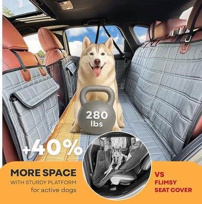 APetsPlanet Dog Car Seat Cover for Back Seat Hard Bottom - Waterproof Backseat Extender for Dogs - Pet Hammock Bed for Car, Truck, SUV with Mesh Window &amp; Storage - Gray Leather, with Door Covers