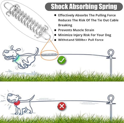Jenico Dog Tie Out Cable - 10/15/20/30/40/50/70/100/150FT Runner Cable with Swivel Hook and Shock Spring, Leash Tether for Yard, Outdoor and Camping, Up to 500 LBS