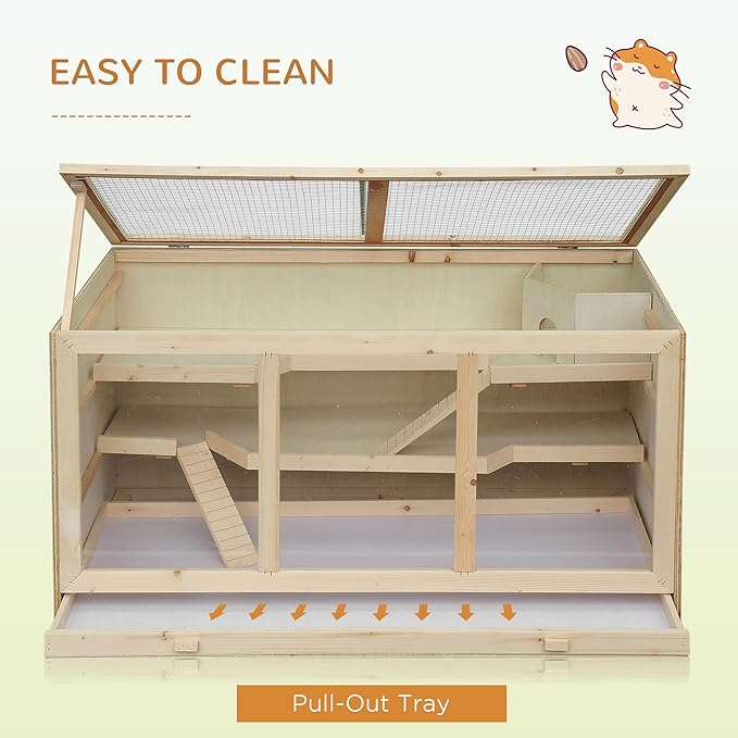 PawHut 45" Extra Large Wooden Hamster Cage, 3-Layer Chewproof Rat Cage with Opening Roof, Hut, Ramps, for Gerbil, Dwarf &amp; Syrian Hamsters, Natural