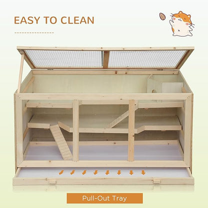PawHut 45" Extra Large Wooden Hamster Cage, 3-Layer Chewproof Rat Cage with Opening Roof, Hut, Ramps, for Gerbil, Dwarf &amp; Syrian Hamsters, Natural