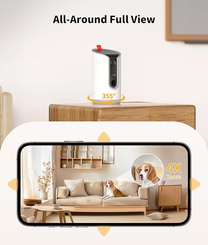 2K Pet Camera Treat Dispenser, 360°View Dog Camera with Phone App, 5G&amp;2.4G WiFi 2-Way Talk Pet Cam Indoor for Cats Remote Treat Tossing, Motion Alerts, Auto Tracking