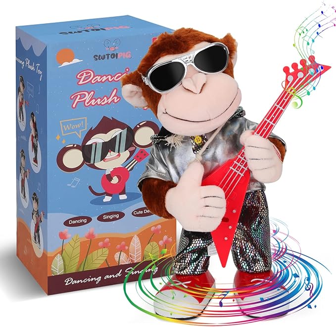 Dancing Monkey Plush Toy, Stuffed Toys, Dancing Singing, Body Shaking, and Guitar Shaking, Punk Molding, One Button Control, Children&
