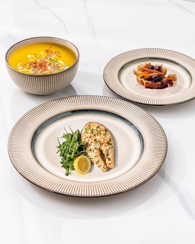 GBHOME Ceramic Dinnerware Sets, 18 Piece Embossed Elegant Stoneware Plates and Bowls Sets, Housewarming Wedding Gift | Dishwasher &amp; Microwave Safe | Dishes Set Service for 8