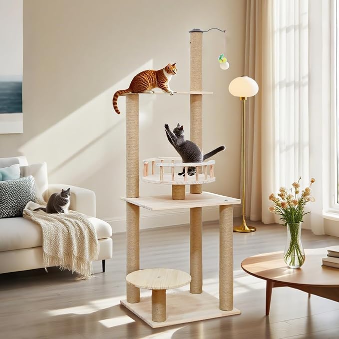 Wood Cat Tree 17” x 16”x 53” Modern Sturdy Cat Tower with Double Condos Hand-Woven Beds &amp; Toys Multilevel Huge Paws Pals Tree Indoor Cat Furniture for Big Cats
