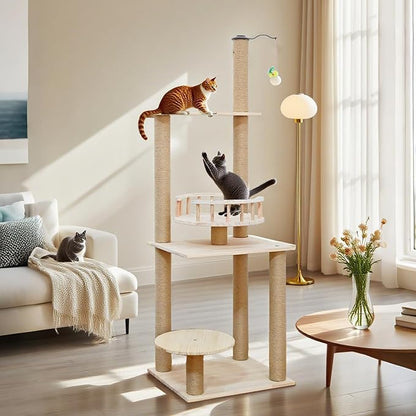 Wood Cat Tree 17” x 16”x 53” Modern Sturdy Cat Tower with Double Condos Hand-Woven Beds &amp; Toys Multilevel Huge Paws Pals Tree Indoor Cat Furniture for Big Cats