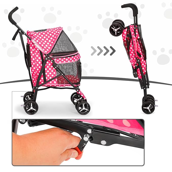 MoNiBloom 4 Wheels Pet Stroller, Easy-Fold Umbrella Shaped Dog Cat Jogger Stroller w/Storage Bag &amp; Visible Mesh for Small/Medium Dogs Cats Hot Pink Polka Dots