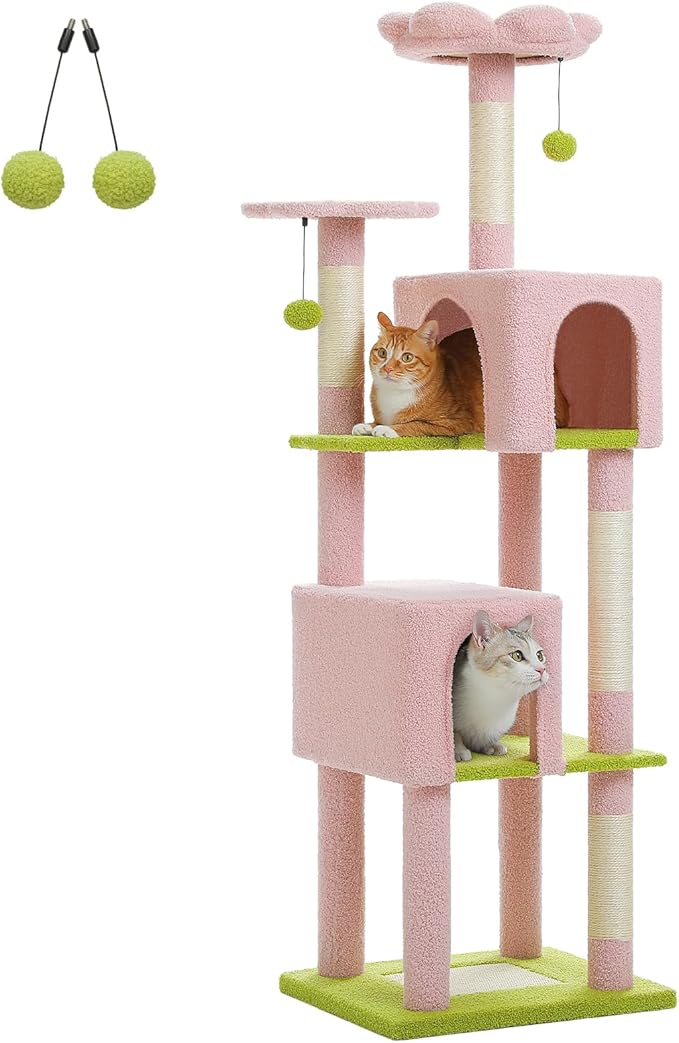 Flower Cat Tree, 62-Inch Large Cat Tower for Multi-Cat Households w/Scratching Posts, Multi-Level Cat Condo w/Cozy Top Perch &amp; Scratching Pad, Padded Platform, 2 Pompoms, Pink