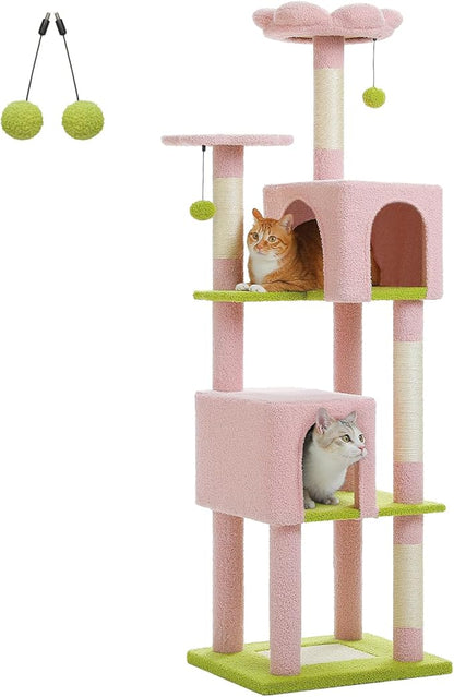 Flower Cat Tree, 62-Inch Large Cat Tower for Multi-Cat Households w/Scratching Posts, Multi-Level Cat Condo w/Cozy Top Perch &amp; Scratching Pad, Padded Platform, 2 Pompoms, Pink