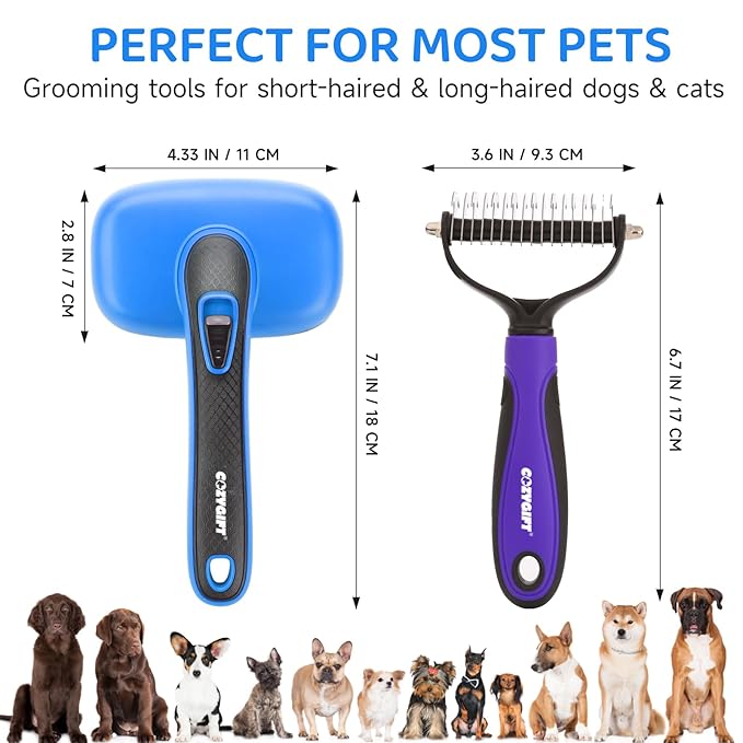 Dog Brush Kit – 3 PCS Grooming Set with Self-Cleaning Brush, Undercoat Rake &amp; Pet Bath Brush. Great for Shedding, Tangles &amp; Dirt Removal – Ideal for Long &amp; Short Haired Dogs &amp; Cats, Blue