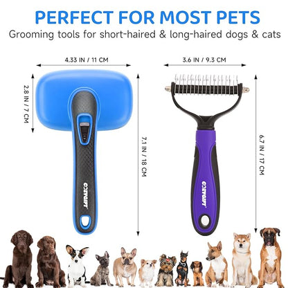 Dog Brush Kit – 3 PCS Grooming Set with Self-Cleaning Brush, Undercoat Rake &amp; Pet Bath Brush. Great for Shedding, Tangles &amp; Dirt Removal – Ideal for Long &amp; Short Haired Dogs &amp; Cats, Blue