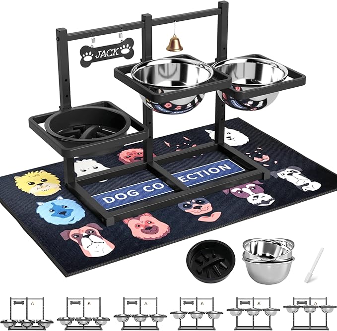 Elevated Dog Bowl Stand for Medium/Large Dogs with Slow Feeder &amp; Mat, Adjustable Height 3.9&