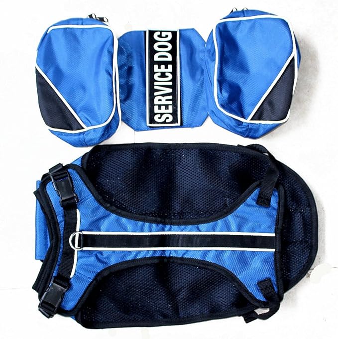 Serijoars Dog Vest Harnesses with Saddlebag Backpack for Camping &amp; Travel - Reflective Hound Hiking Backpack Saddle Bag - Lightweight Vest Harness for Medium &amp; Large Dogs (Blue, S)