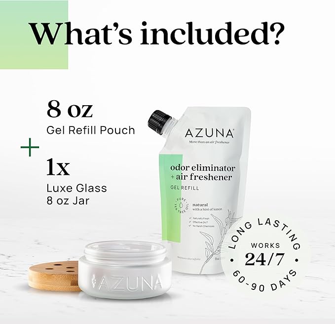 Azuna Air Freshener &amp; Odor Eliminator for Strong Odor | 1 Room Kit Includes (1) Empty Luxe Glass Jar &amp; 8oz Refill with Tea Tree Essential Oil Gel | Natural Scent | Last 60-90 Days