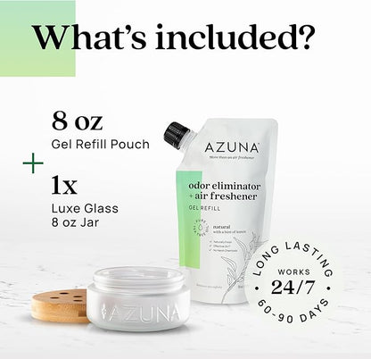 Azuna Air Freshener &amp; Odor Eliminator for Strong Odor | 1 Room Kit Includes (1) Empty Luxe Glass Jar &amp; 8oz Refill with Tea Tree Essential Oil Gel | Natural Scent | Last 60-90 Days