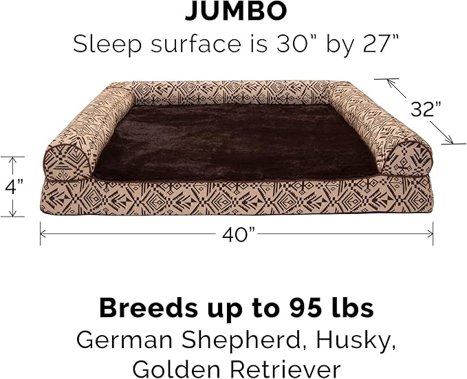 Furhaven Orthopedic Dog Bed for Large Dogs w/ Removable Bolsters &amp; Washable Cover, For Dogs Up to 95 lbs - Plush &amp; Southwest Kilim Woven Decor Sofa - Desert Brown, Jumbo/XL