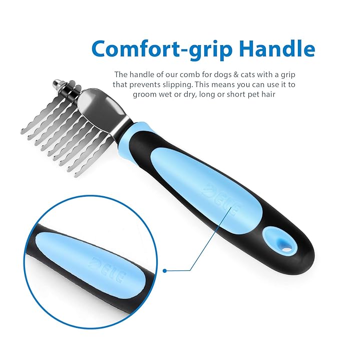Flexzion Dogs Dematting Comb, Stainless Steel Blades Rakes, for Pets Cats Animals Matted Knotted Hair, Brush Cutting Removing Grooming Tool with Smooth Teeth Needle - Black &amp; Blue Handle