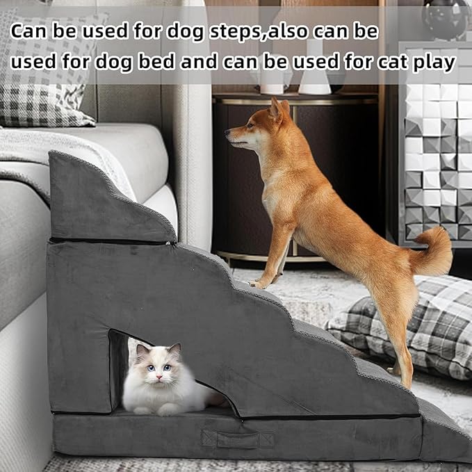 Foam Dog Stairs &amp; Steps Ramps for High Beds 30-36 inches High Tall Large Dogs, LitaiL 7 Step Pet Stairs Steps for High Beds 30 inch Small Dogs, Non-Slip Dog Ramps for Bed