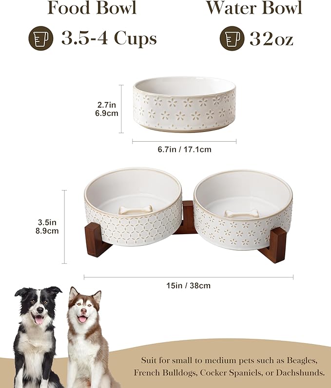 MALACASA Dog Bowl Set with Walnut Wood Stand, 3.5 Cups Ceramic Pet Bowls for Puppy Dogs, Dual Food and Water Bowls with Non-Slip Base, Basic Bowls for Your Dog or Cat, Five-Leaf Grass &amp; Honeycomb