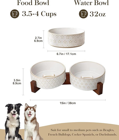 MALACASA Dog Bowl Set with Walnut Wood Stand, 3.5 Cups Ceramic Pet Bowls for Puppy Dogs, Dual Food and Water Bowls with Non-Slip Base, Basic Bowls for Your Dog or Cat, Five-Leaf Grass &amp; Honeycomb