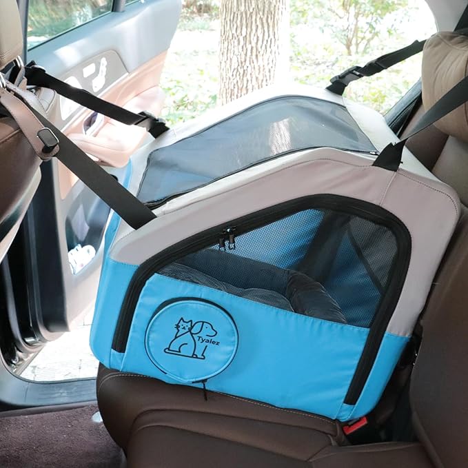 Small Portable Pet Crate for Car Travel, 19"x19"x17" Foldable Dog &amp; Cat Carrier with Secures Seatbelt &amp; Headrest Strap, Oxford Soft-Sided Pet Kennel with Removable Bed for Small Pets