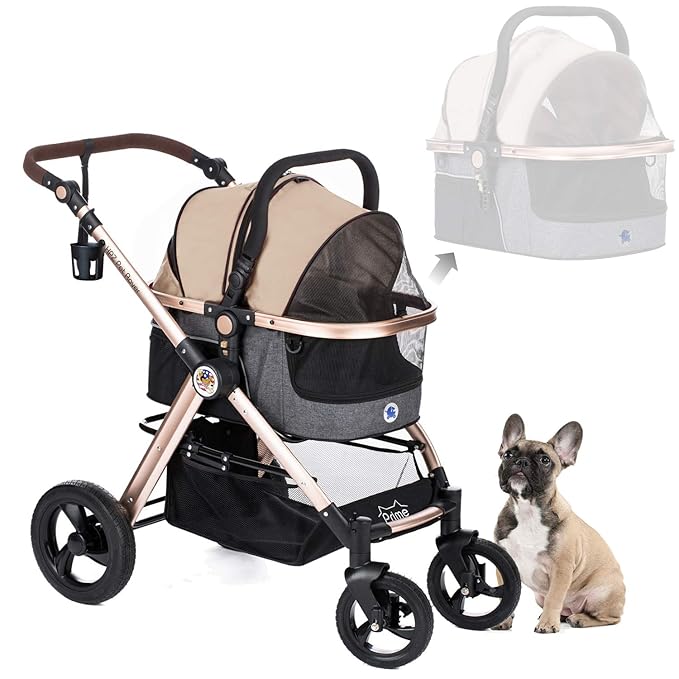 HPZ Pet Rover Prime 3-in-1 Luxury Dog/Cat Stroller (Travel Carrier +Car Seat +Stroller) with Detach Carrier/Pump-Free Rubber Tires/Aluminum Frame/Reversible Handle for Medium &amp; Small Pets (Taupe)