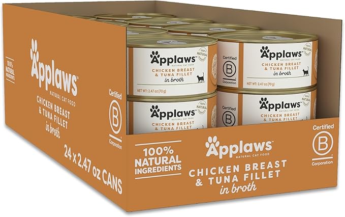 Applaws Natural Wet Cat Food in Broth, Limited Ingredient Canned Wet Cat Food, No Additives, Made with Natural Ingredients, Chicken Breast &amp; Tuna Fillet in Broth (24 x 2.47oz Cans)