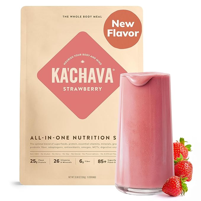 Ka’Chava All-In-One Nutrition Shake Blend, Strawberry, 15 Servings, 85+ Superfoods &amp; Nutrients, Greens Plant-Based Powder Protein Drink, Digestive Enzymes &amp; Probiotics, Vegan Dairy Gluten Free
