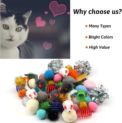 60 Pack Cat Toys - Assorted Kitten, Mouse, Crinkle &amp; Pom Pom Balls