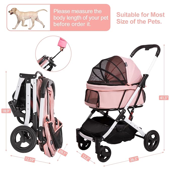 Pet Stroller for Medium Small Dog &amp; Cat, Foldable Lightweight Dog Stroller with Storage Basket Pet Travel Carriage with Safety Leashes, 4 Wheel, Pink