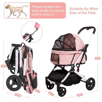 Pet Stroller for Medium Small Dog &amp; Cat, Foldable Lightweight Dog Stroller with Storage Basket Pet Travel Carriage with Safety Leashes, 4 Wheel, Pink