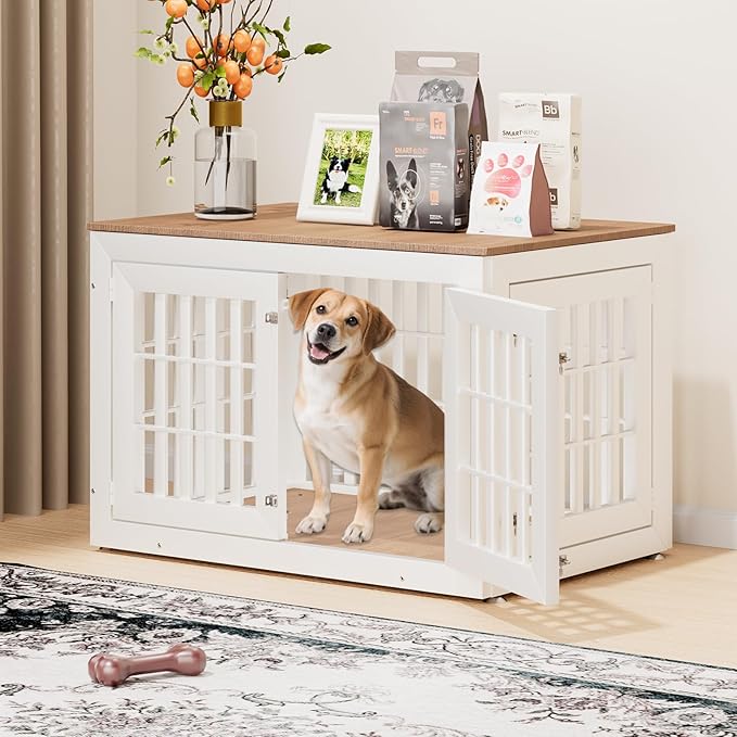 42" Heavy Duty Dog Crate Furniture for Small,Medium and Large Dogs,Rustic Wooden Dog Cage Kennel Indoor Furniture with Waterproof Top,Decorative Pet House Side End Table (White &amp; Wood)