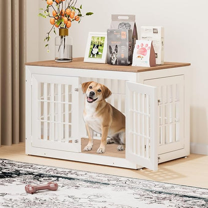 42" Heavy Duty Dog Crate Furniture for Small,Medium and Large Dogs,Rustic Wooden Dog Cage Kennel Indoor Furniture with Waterproof Top,Decorative Pet House Side End Table (White &amp; Wood)