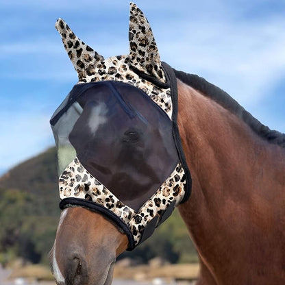 Harrison Howard LumiVista Horse Fly Mask Standard with Ears UV Protection for Horse Leopard Print XL Extra Full