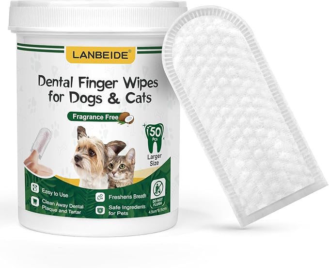 LANBEIDE Updated Larger Pet Teeth Cleaning Wipes for Dogs &amp; Cats, Dog Dental Wipes No-Rinse Dog Finger Toothbrush for Reducing Plaque &amp; Tartar, Breath Freshener Dental and Gum Care Pet Wipes 50 Counts