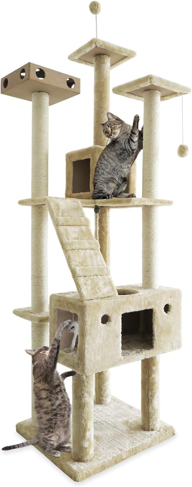 Furhaven 69.3" Tall Cat Tree for Indoor Cats, Ft. Sisal Scratching Posts, 2x Cat Condos, &amp; Toys - Tiger Tough Double Decker Interactive Playground Tower - Cream, One Size