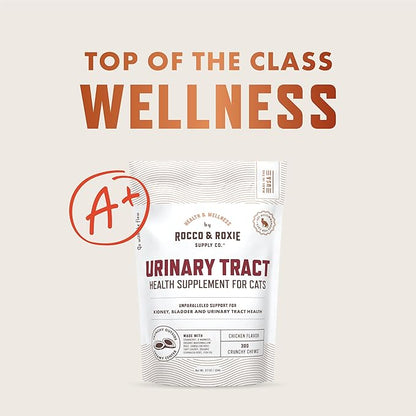 Rocco &amp; Roxie Cat Urinary Tract Health Supplement, Cranberry and D-Mannose for Kidney, Bladder, and UT Support, Vet Recommended Chicken Flavored Crunchy Chews Cats Love, Made in USA
