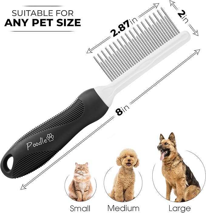 POODLIE Poodle Pet Dog Combs for Grooming Matting - Metal Comb for Dogs with Long &amp; Short Stainless Steel Teeth - Dematting Comb for Cats to Remove Matted Hair &amp; Knots, Black